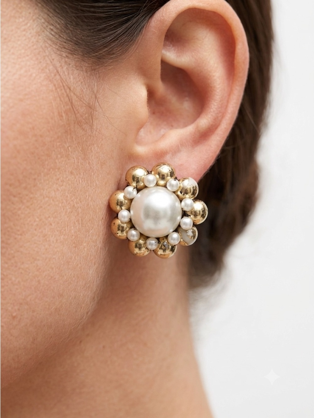 Vintage 60s Mid-Century Gold Faux Pearl Cluster Clip-On Earrings | Made in Japan